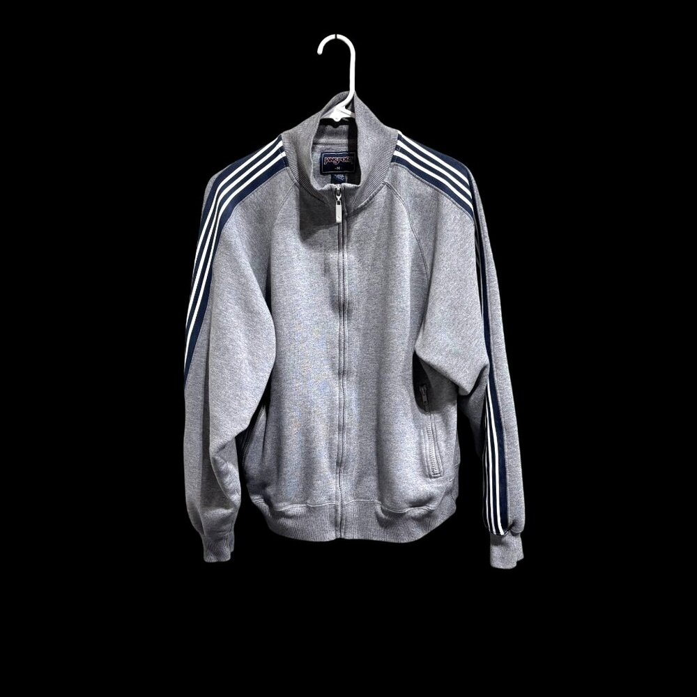 JanSport Men's Zip Track Jacket White Navy Stripes M EUC